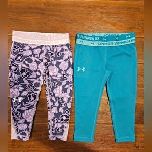UNDER ARMOUR 2 PAIRS GIRL'S CROPPED LEGGINGS PURPLE FLORAL & TURQUOISE SIZE 4